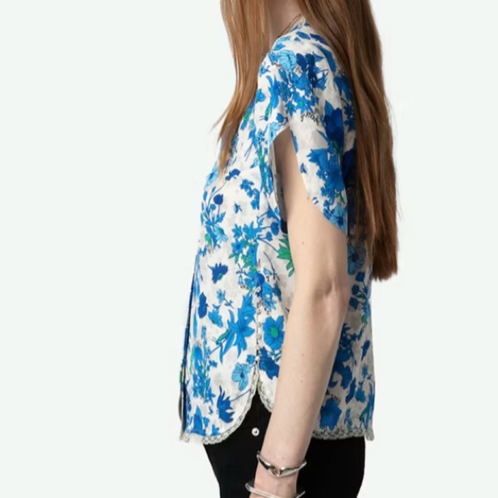 Zadig & Voltaire Tiffiny floral-print crepe blouse - Lace trim - Size XS - EUC - Picture 3 of 15